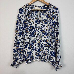 Caballero Miki Women's Floral Long Sleeve V Neck Top Blue White Silk Blend Sz M